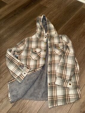 Hooded Plaid Sherpa-Lined Jacket - Cream & Brown
